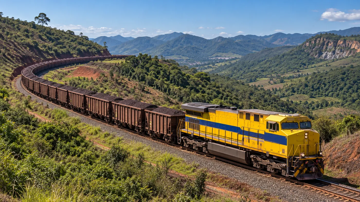 Trem de minério atravessando as serras de Minas Gerais